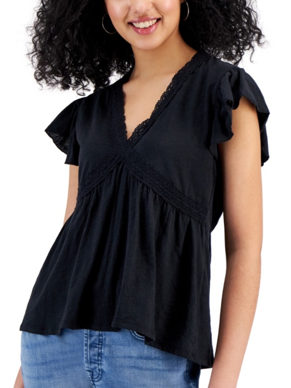Self E Lace-Trim V-Neck Flutter Sleeve Blouse, Black, Sz XL